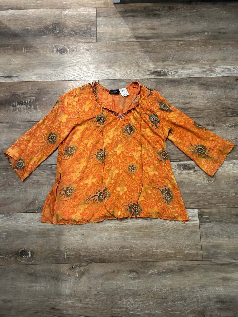 ASHRO Orange Floral Boho V-Neck 3/4 Sleeve Tunic Blouse with Beaded Trim